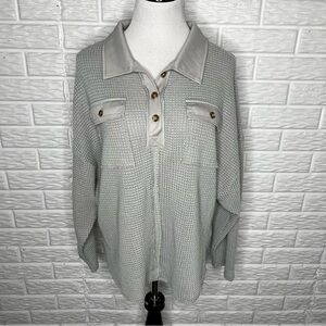 AND THE WHY NWT Waffle Knit Button Up Shirt Top Gray Size M